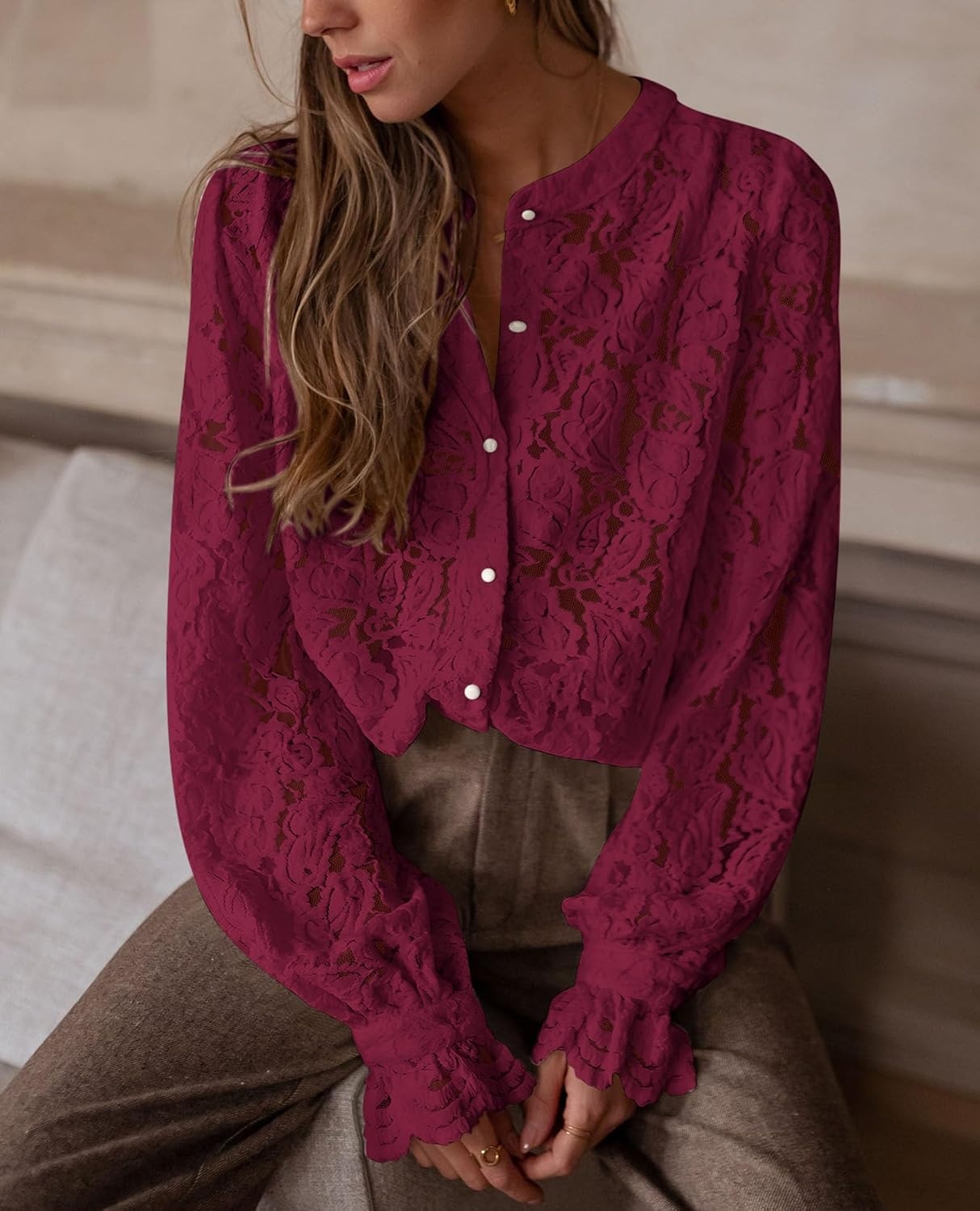 image:imagePRETTYGARDEN Womens Fall Trendy Long Sleeve Lace TopsWine Red