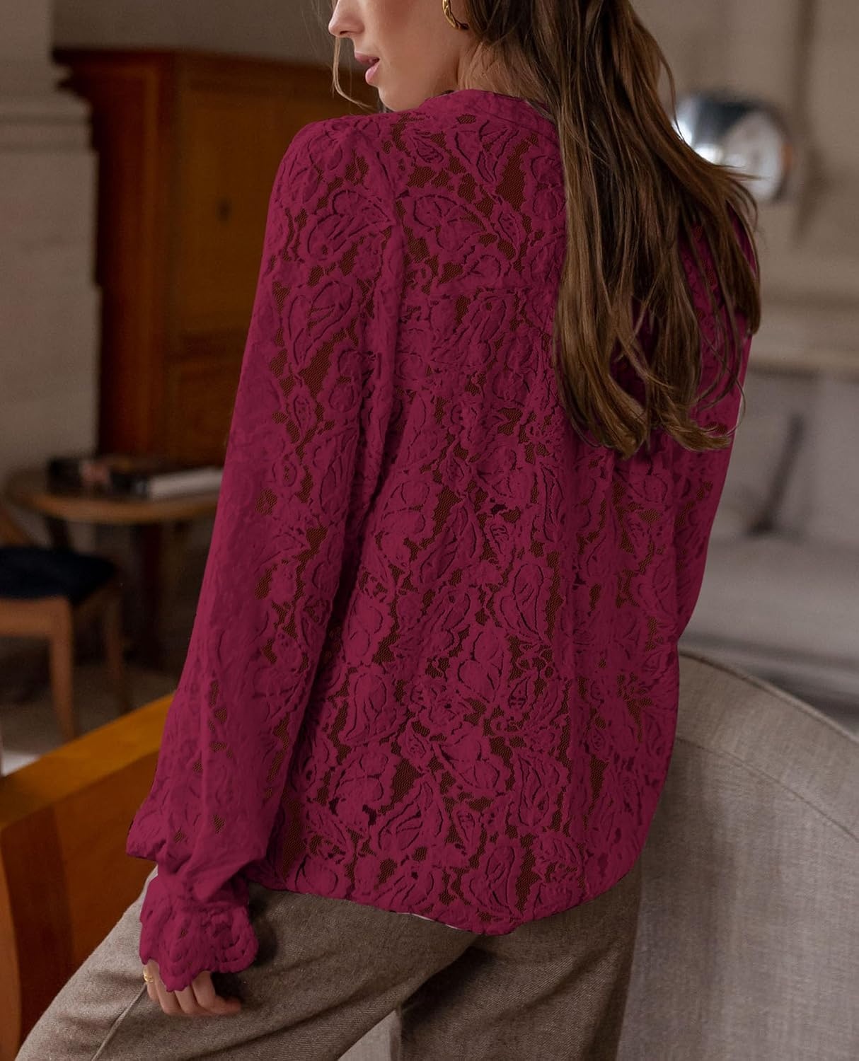 image:imagePRETTYGARDEN Womens Fall Trendy Long Sleeve Lace TopsWine Red