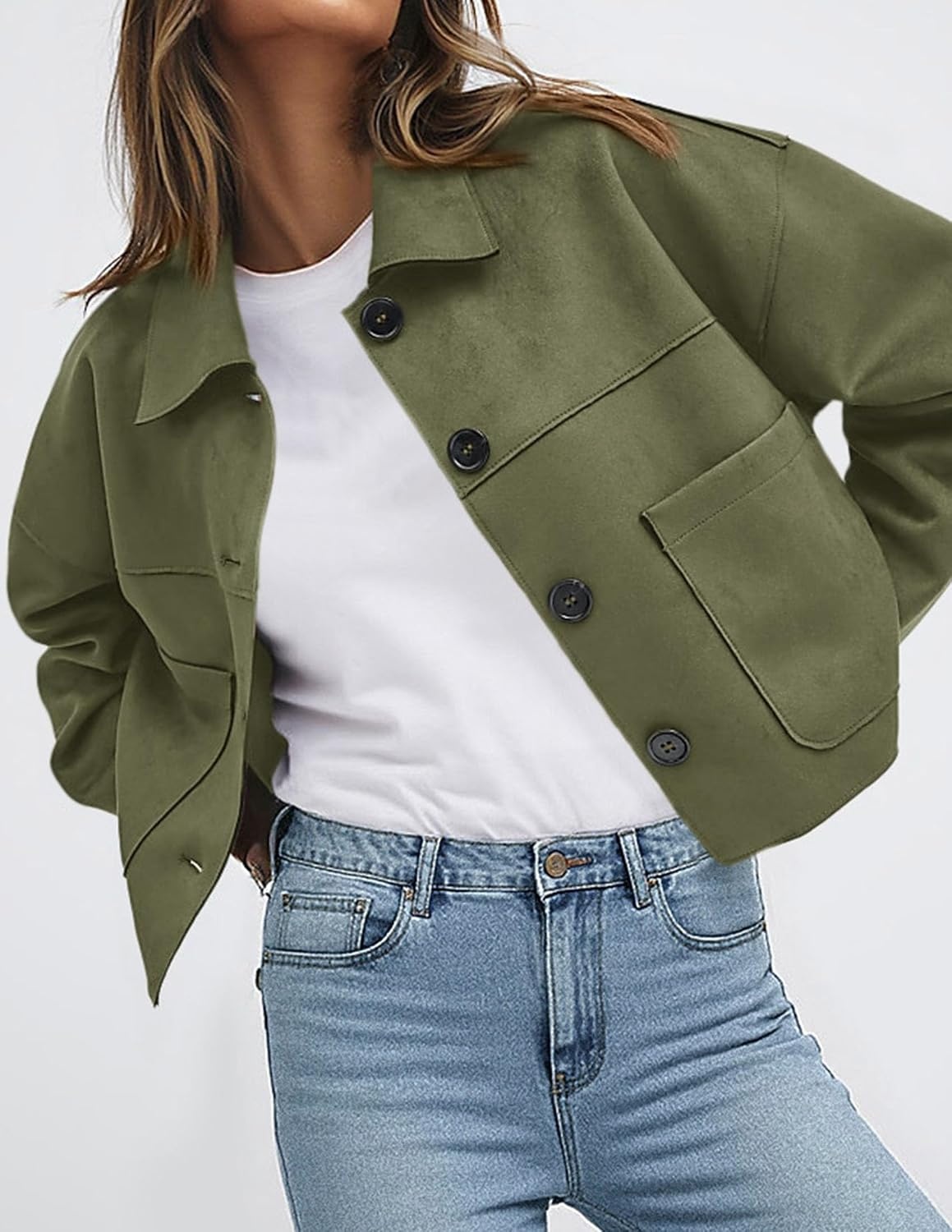 image:imagePRETTYGARDEN Womens Faux Suede Shacket Jackets Lightweight Cropped CoatsArmy Green