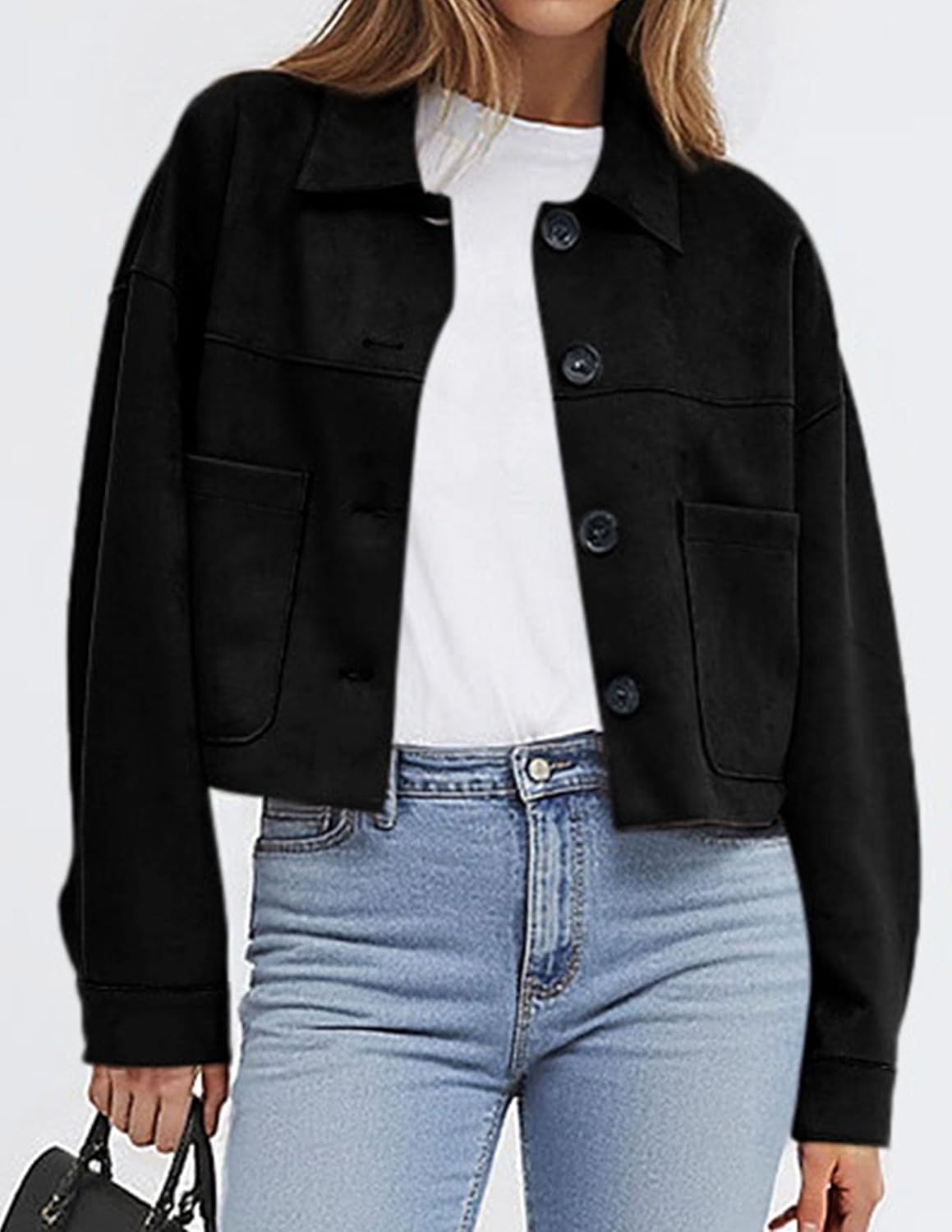 image:imagePRETTYGARDEN Womens Faux Suede Shacket Jackets Lightweight Cropped CoatsBlack