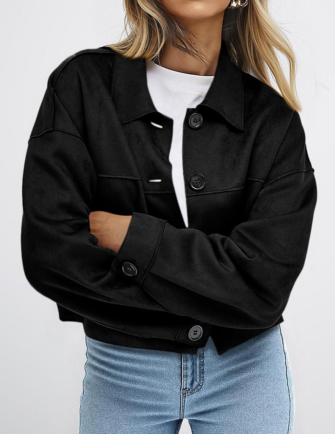 image:imagePRETTYGARDEN Womens Faux Suede Shacket Jackets Lightweight Cropped CoatsBlack