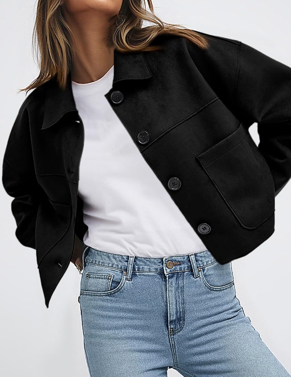 image:imagePRETTYGARDEN Womens Faux Suede Shacket Jackets Lightweight Cropped CoatsBlack