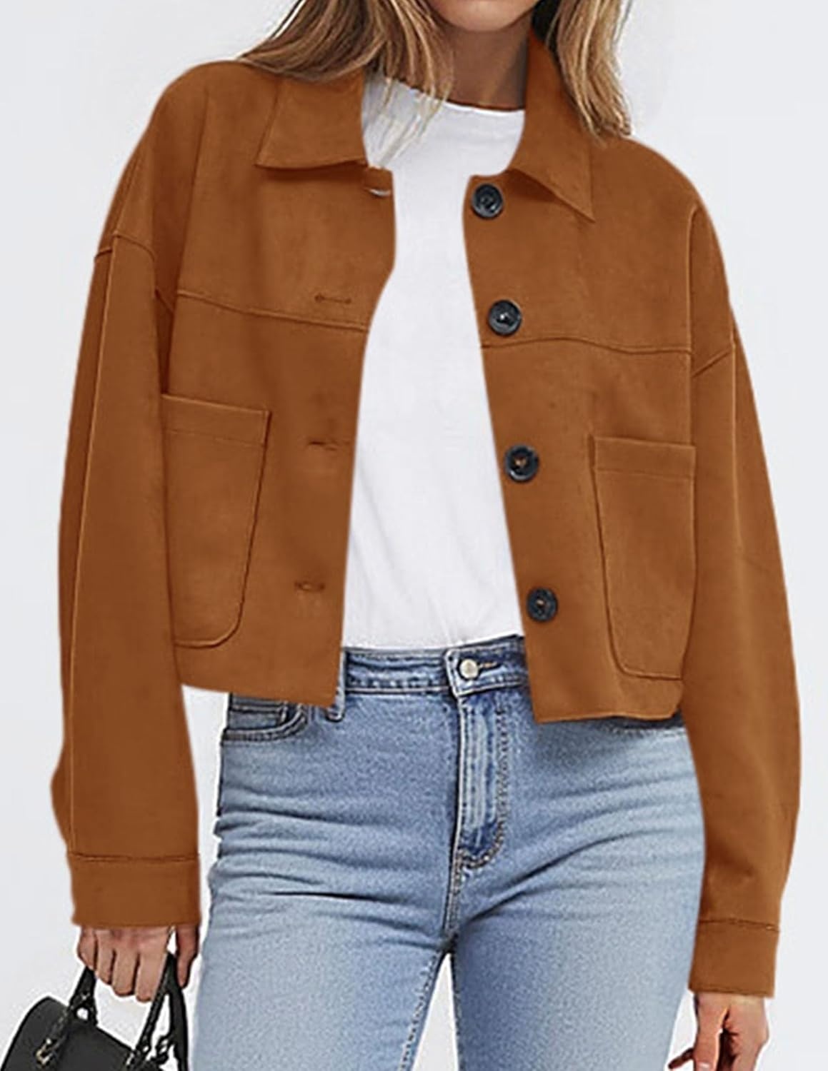 image:imagePRETTYGARDEN Womens Faux Suede Shacket Jackets Lightweight Cropped CoatsBrown