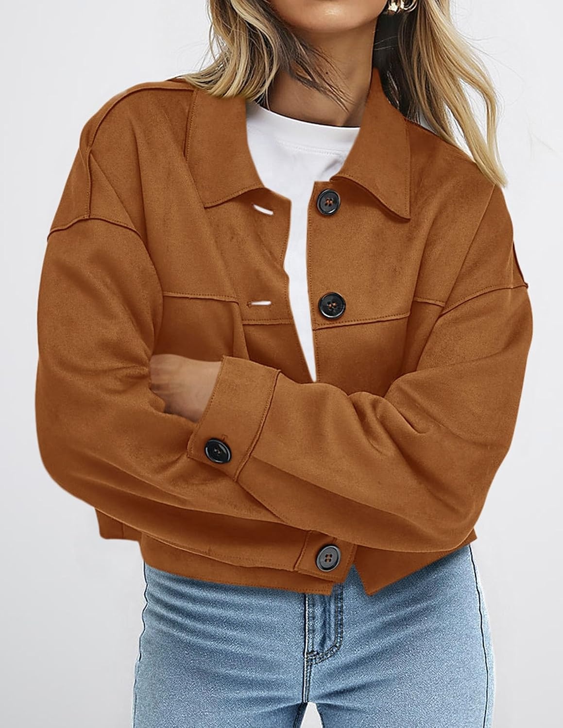image:imagePRETTYGARDEN Womens Faux Suede Shacket Jackets Lightweight Cropped CoatsBrown