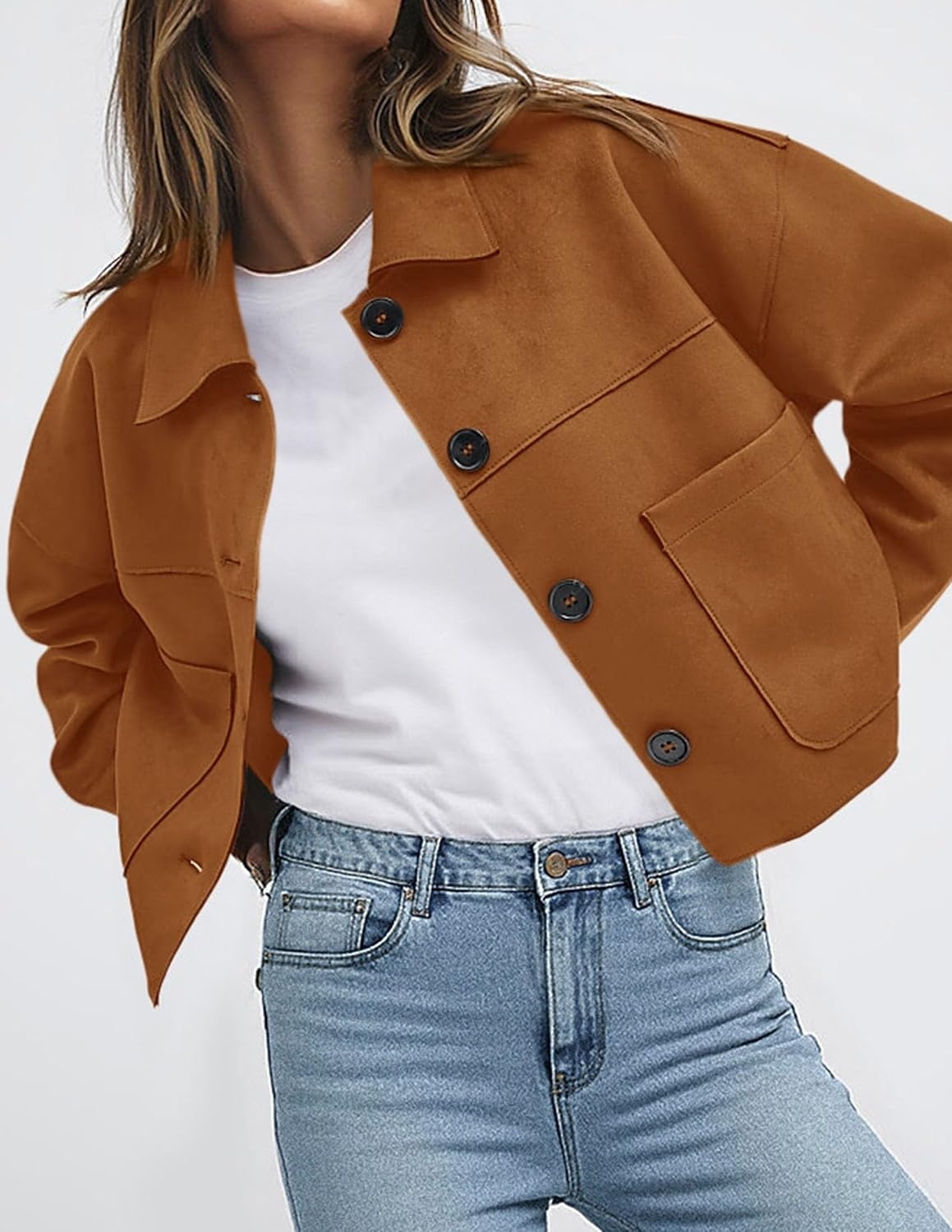 image:imagePRETTYGARDEN Womens Faux Suede Shacket Jackets Lightweight Cropped CoatsBrown