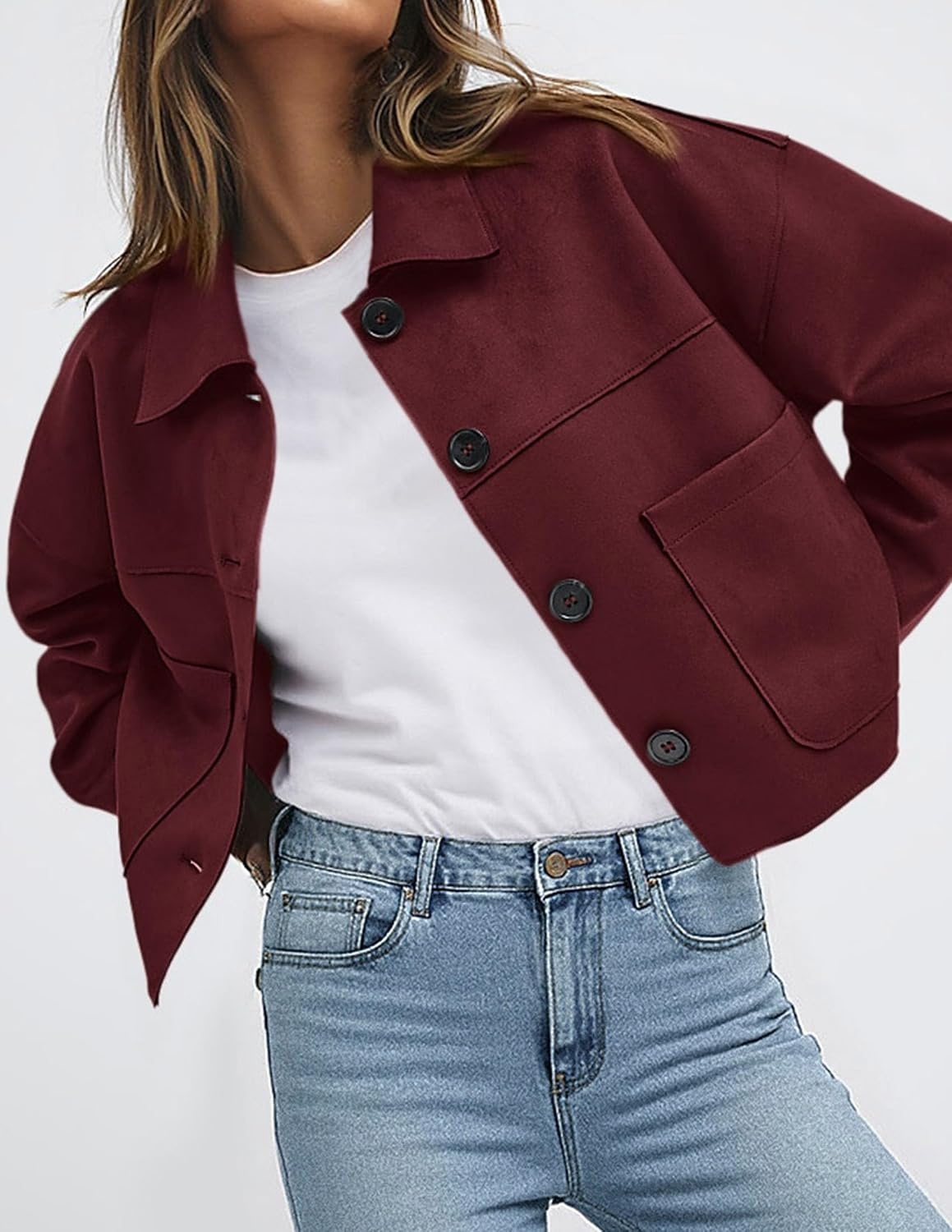 image:imagePRETTYGARDEN Womens Faux Suede Shacket Jackets Lightweight Cropped CoatsBurgundy