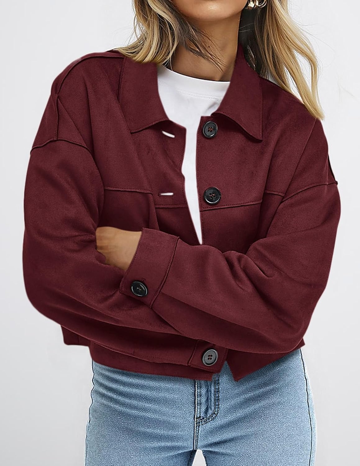 image:imagePRETTYGARDEN Womens Faux Suede Shacket Jackets Lightweight Cropped CoatsBurgundy