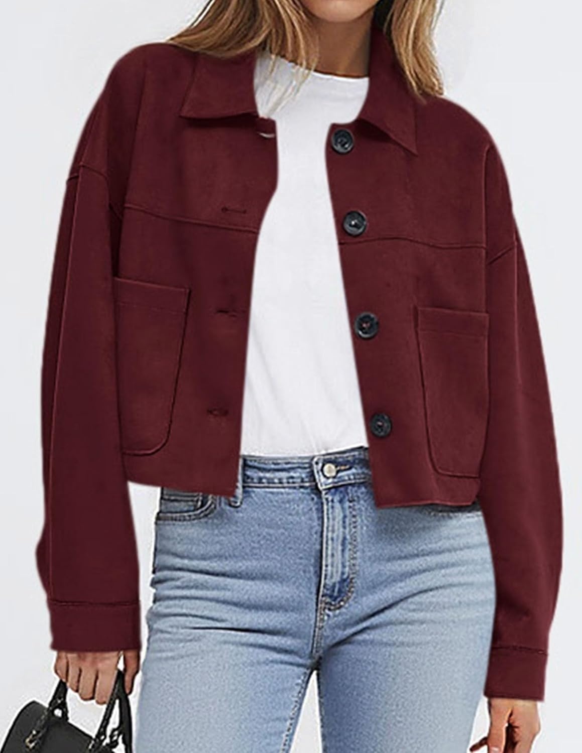 image:imagePRETTYGARDEN Womens Faux Suede Shacket Jackets Lightweight Cropped CoatsBurgundy