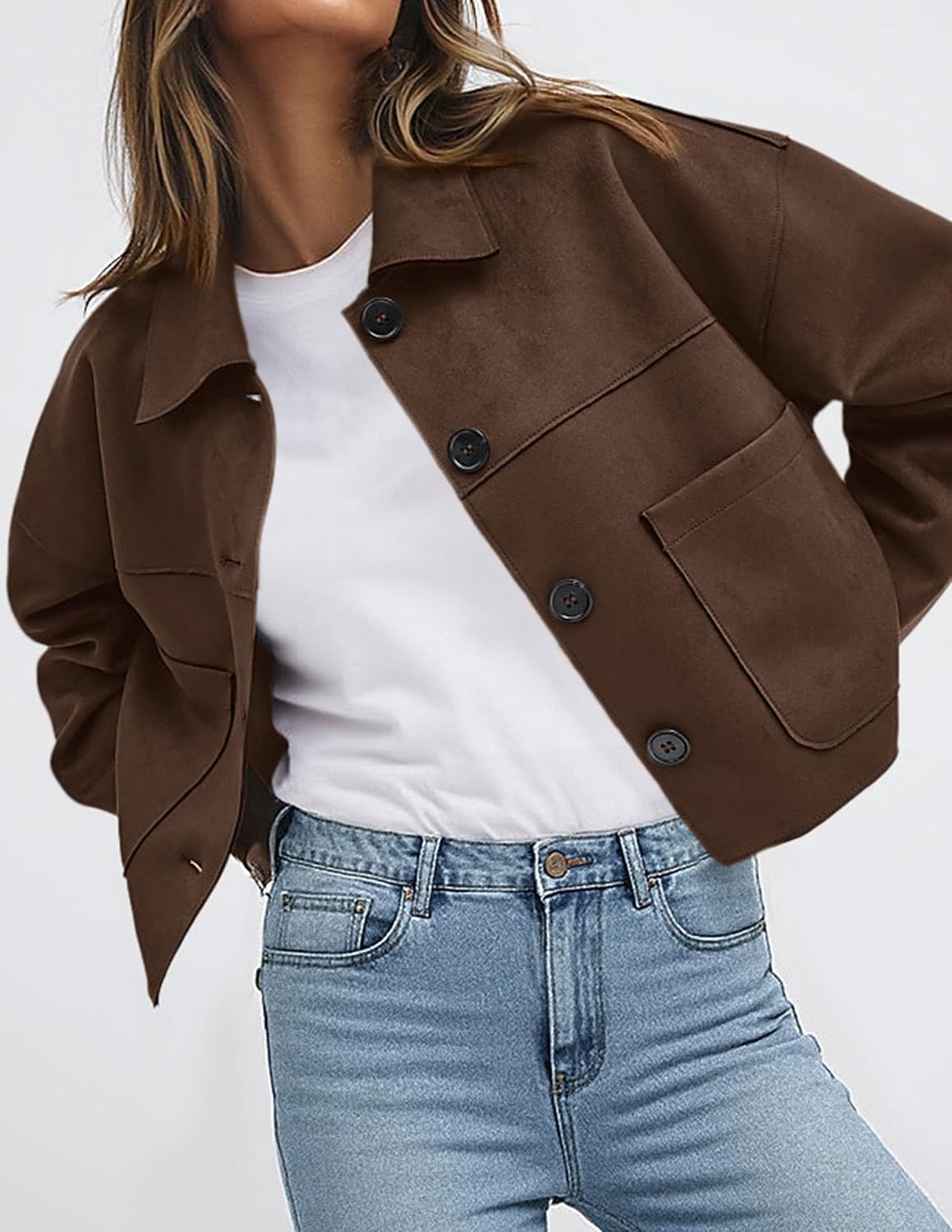 image:imagePRETTYGARDEN Womens Faux Suede Shacket Jackets Lightweight Cropped CoatsDark Brown