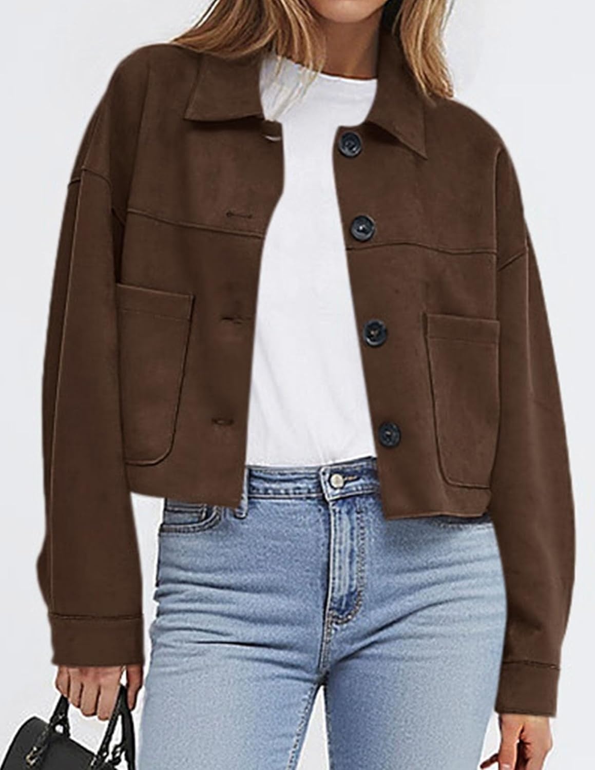 image:imagePRETTYGARDEN Womens Faux Suede Shacket Jackets Lightweight Cropped CoatsDark Brown
