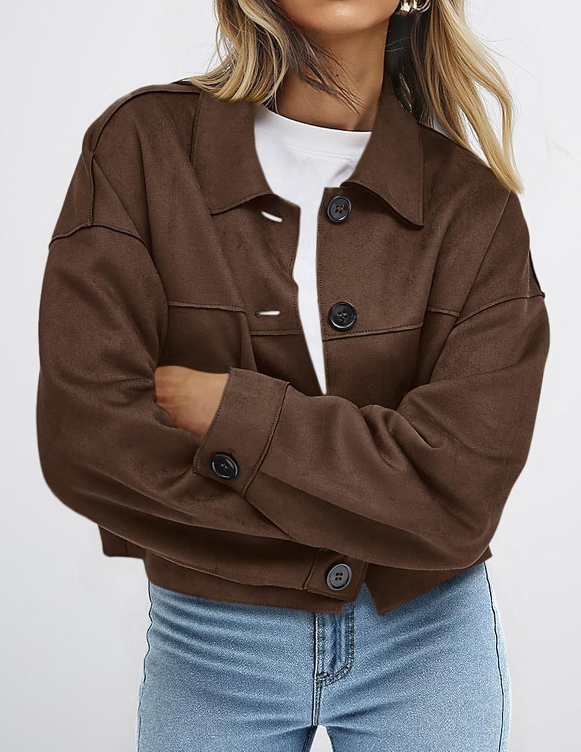 image:imagePRETTYGARDEN Womens Faux Suede Shacket Jackets Lightweight Cropped CoatsDark Brown