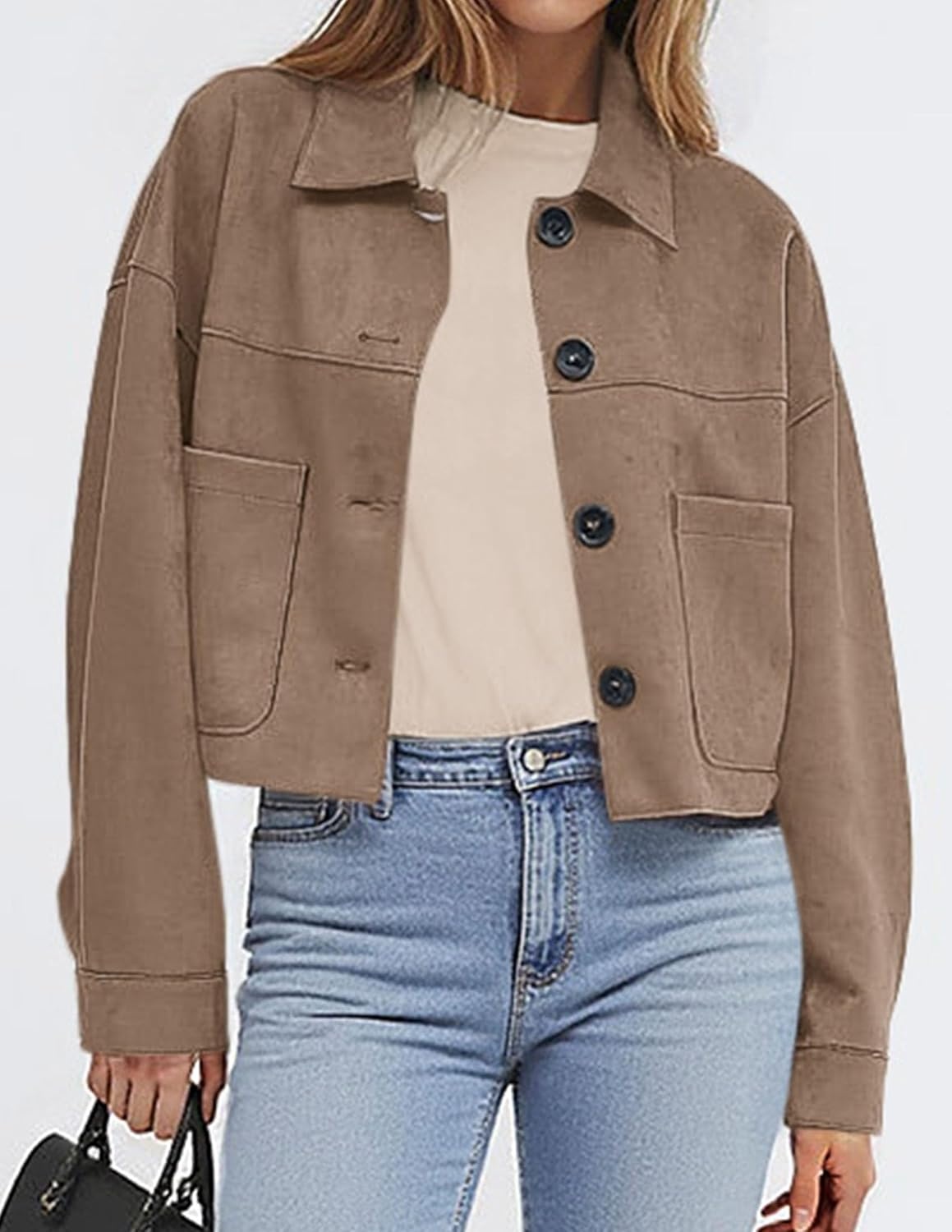 image:imagePRETTYGARDEN Womens Faux Suede Shacket Jackets Lightweight Cropped CoatsGrey Khaki