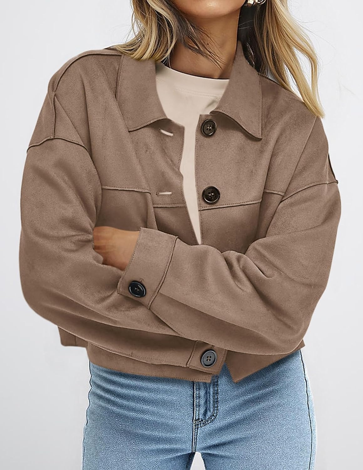 image:imagePRETTYGARDEN Womens Faux Suede Shacket Jackets Lightweight Cropped CoatsGrey Khaki