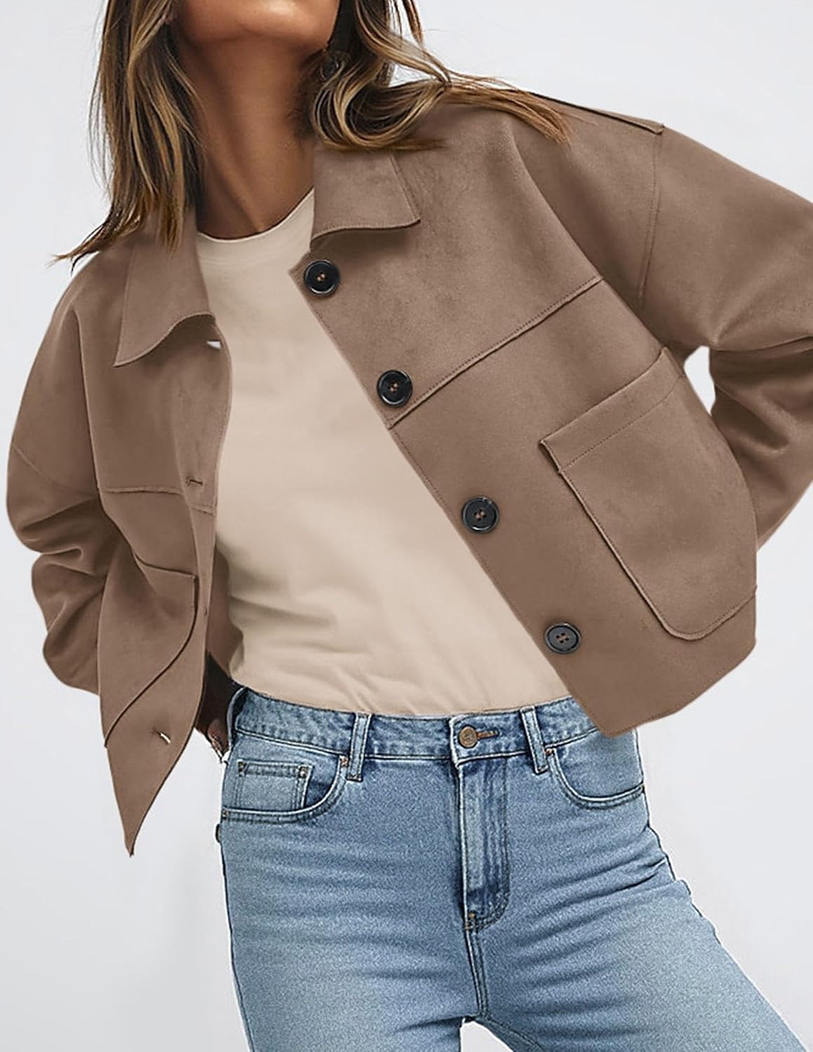 image:imagePRETTYGARDEN Womens Faux Suede Shacket Jackets Lightweight Cropped CoatsGrey Khaki