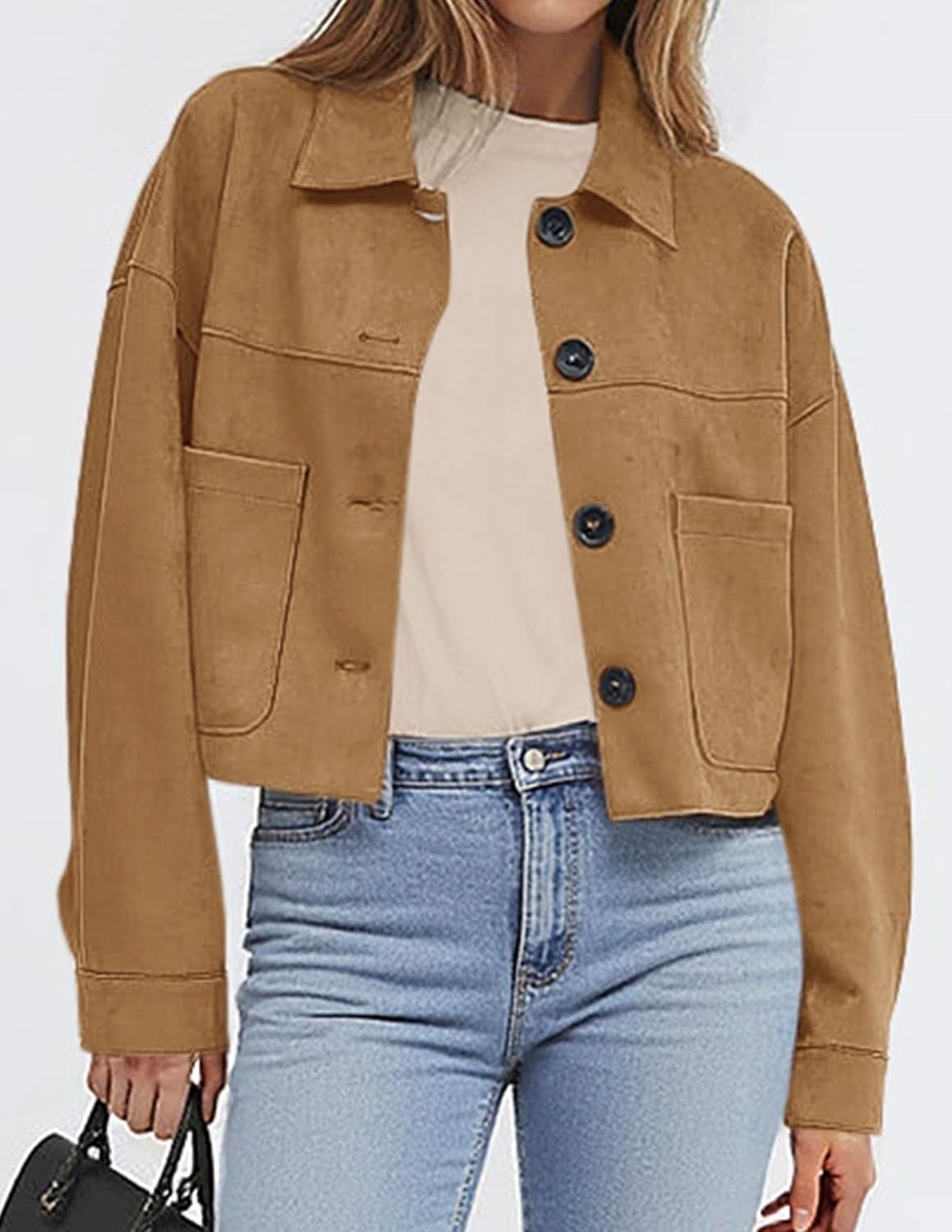 image:imagePRETTYGARDEN Womens Faux Suede Shacket Jackets Lightweight Cropped CoatsKhaki