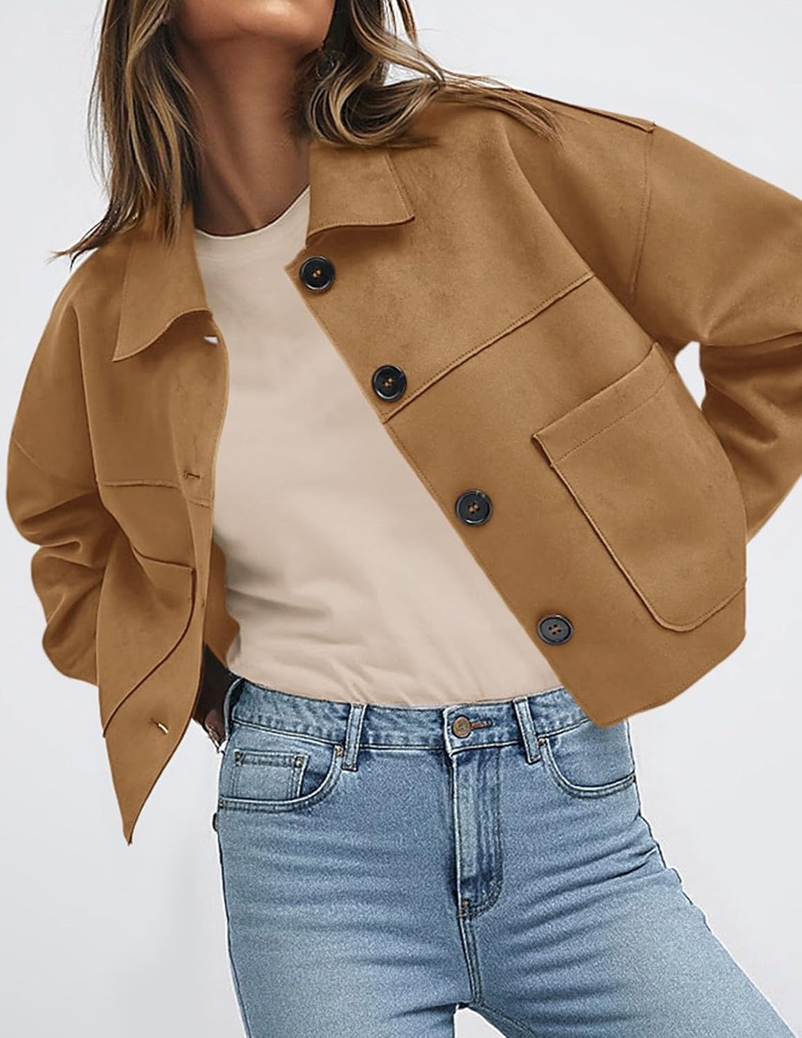 image:imagePRETTYGARDEN Womens Faux Suede Shacket Jackets Lightweight Cropped CoatsKhaki