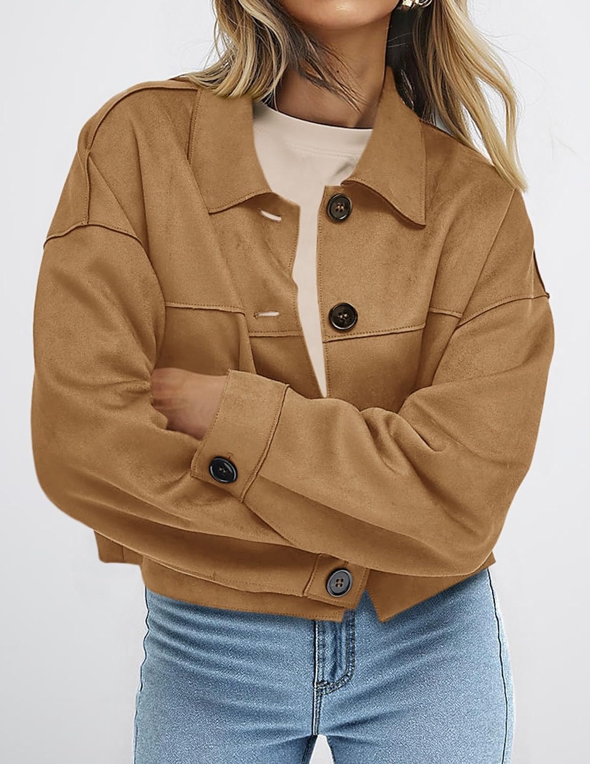 image:imagePRETTYGARDEN Womens Faux Suede Shacket Jackets Lightweight Cropped CoatsKhaki