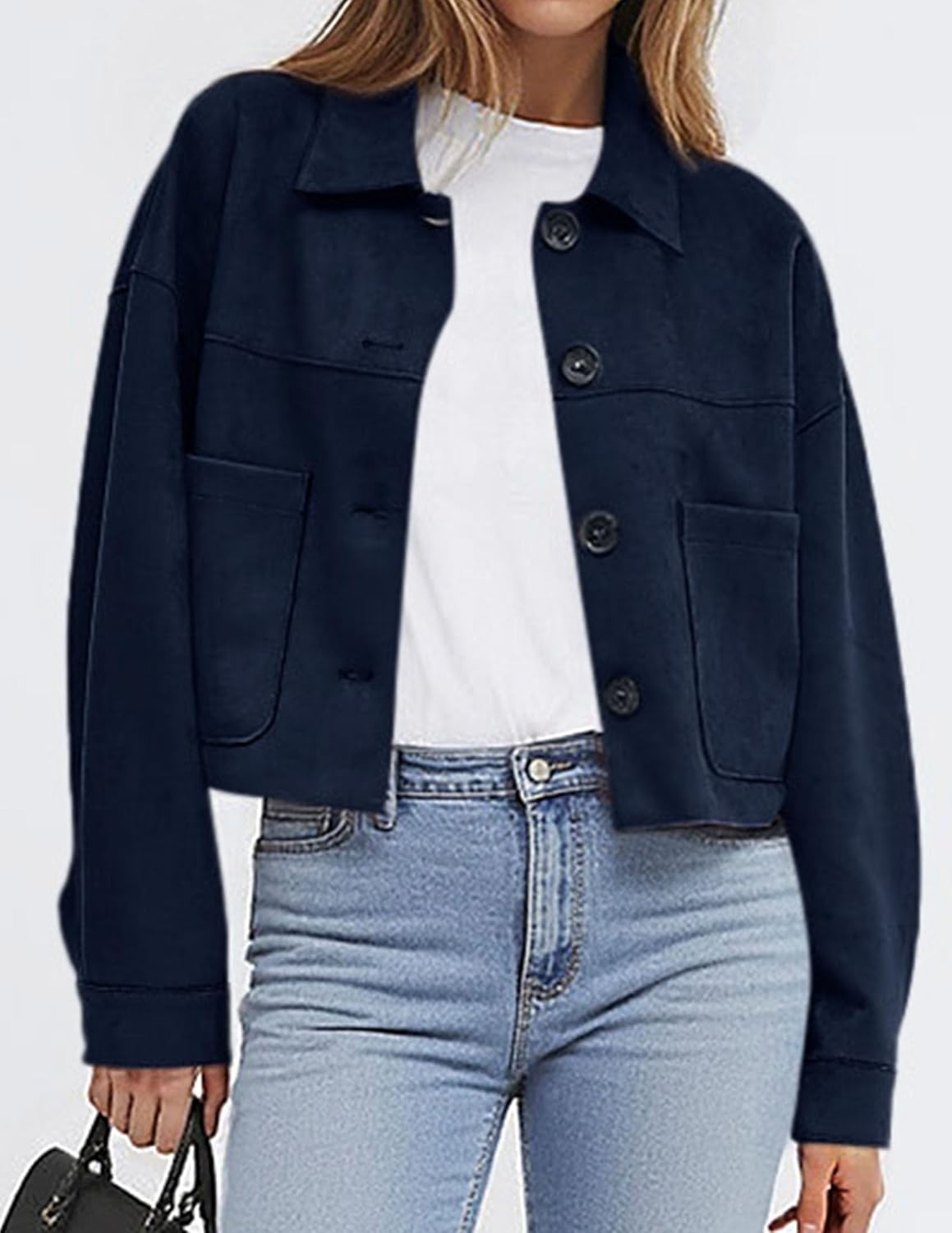image:imagePRETTYGARDEN Womens Faux Suede Shacket Jackets Lightweight Cropped CoatsNavy Blue