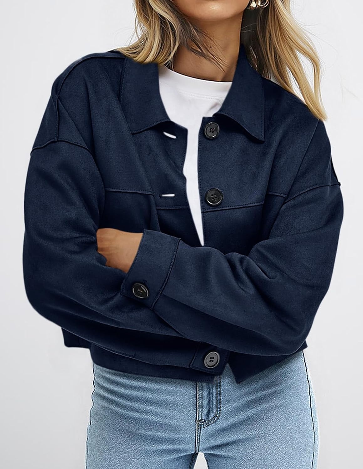 image:imagePRETTYGARDEN Womens Faux Suede Shacket Jackets Lightweight Cropped CoatsNavy Blue