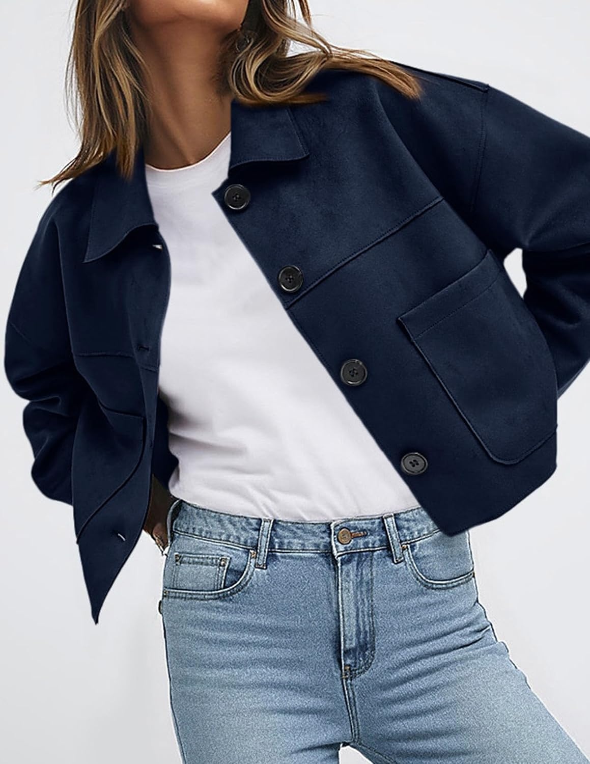 image:imagePRETTYGARDEN Womens Faux Suede Shacket Jackets Lightweight Cropped CoatsNavy Blue