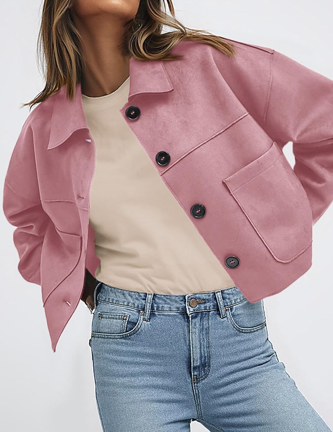 image:imagePRETTYGARDEN Womens Faux Suede Shacket Jackets Lightweight Cropped CoatsPink