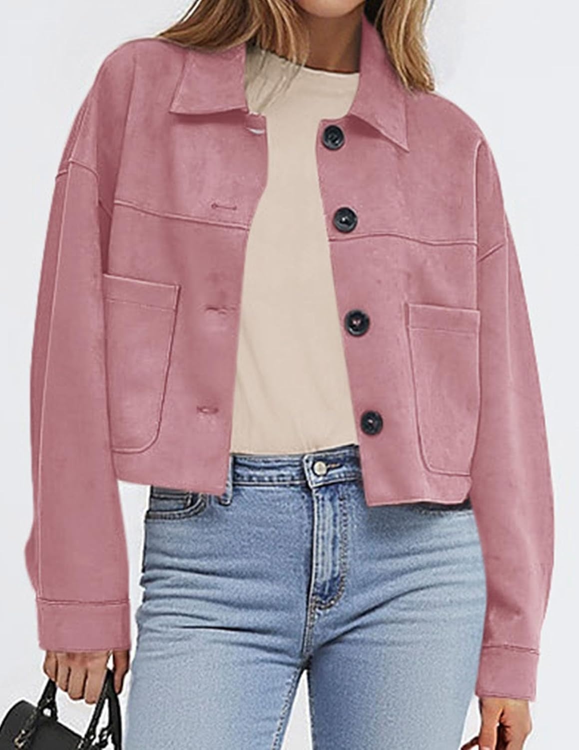 image:imagePRETTYGARDEN Womens Faux Suede Shacket Jackets Lightweight Cropped CoatsPink