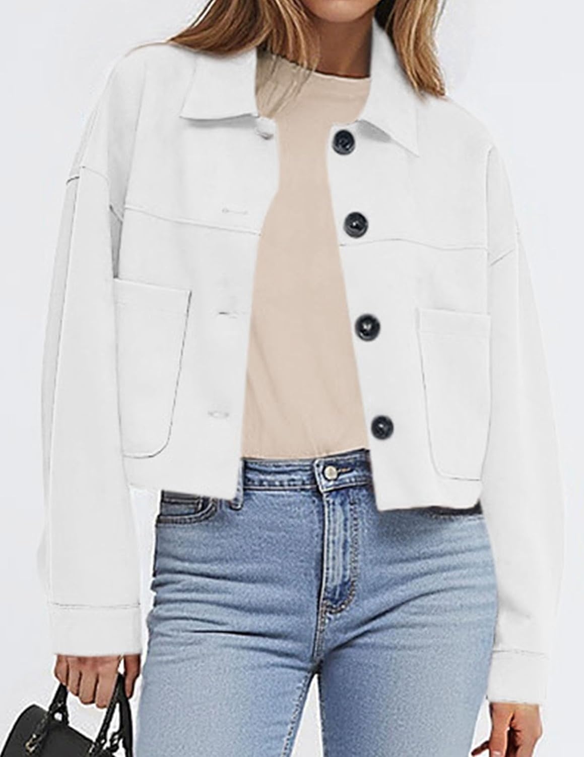 image:imagePRETTYGARDEN Womens Faux Suede Shacket Jackets Lightweight Cropped CoatsWhite