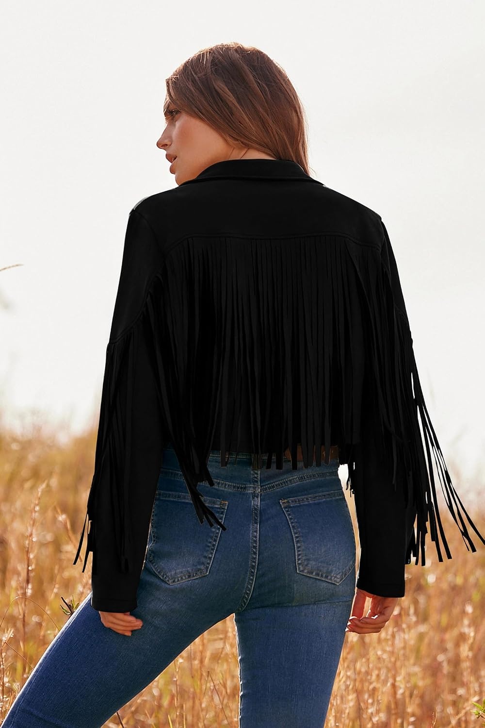 image:imagePRETTYGARDEN Womens Fringe Faux Suede Leather JacketsBlack