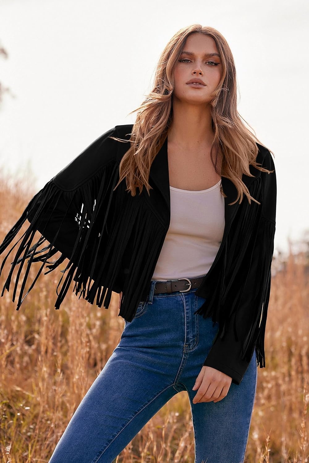 image:imagePRETTYGARDEN Womens Fringe Faux Suede Leather JacketsBlack