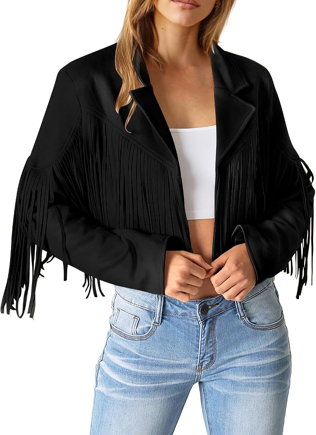 image:imagePRETTYGARDEN Womens Fringe Faux Suede Leather JacketsBlack