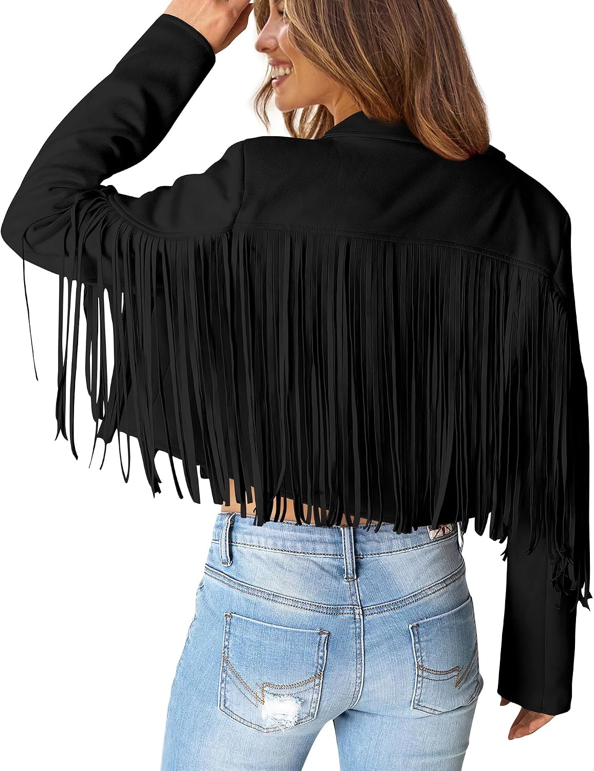 image:imagePRETTYGARDEN Womens Fringe Faux Suede Leather JacketsBlack