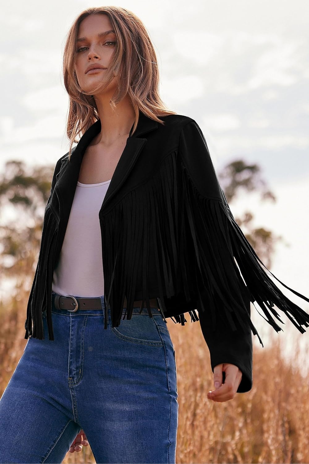 image:imagePRETTYGARDEN Womens Fringe Faux Suede Leather JacketsBlack