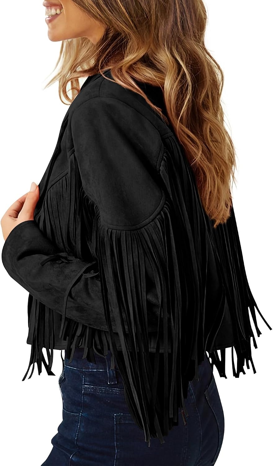 image:imagePRETTYGARDEN Womens Fringe Faux Suede Leather JacketsBlack