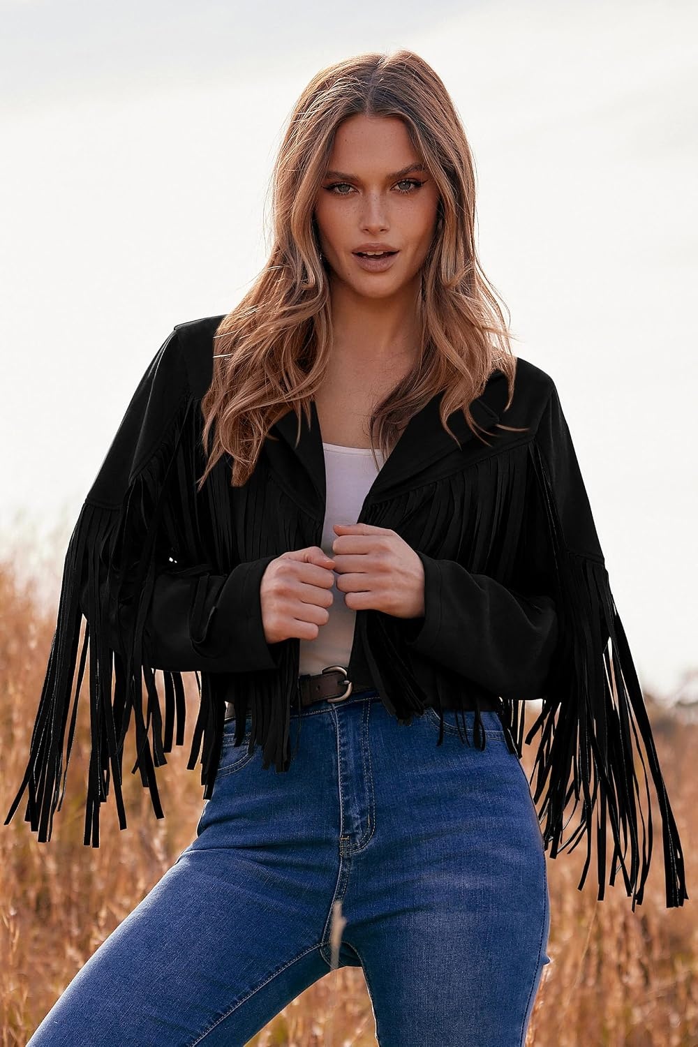 image:imagePRETTYGARDEN Womens Fringe Faux Suede Leather JacketsBlack