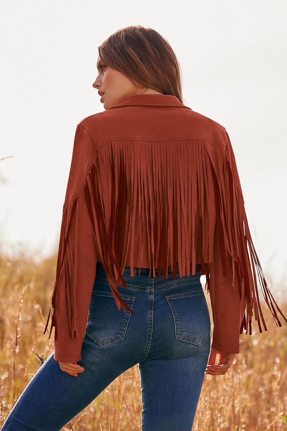 image:imagePRETTYGARDEN Womens Fringe Faux Suede Leather JacketsBrick Red