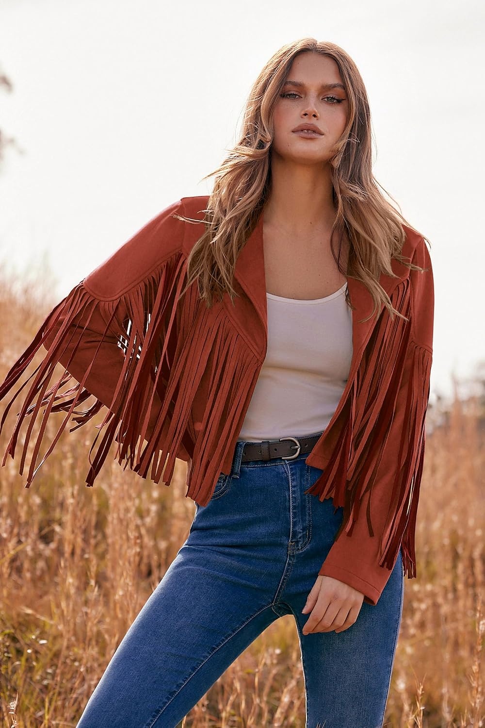 image:imagePRETTYGARDEN Womens Fringe Faux Suede Leather JacketsBrick Red