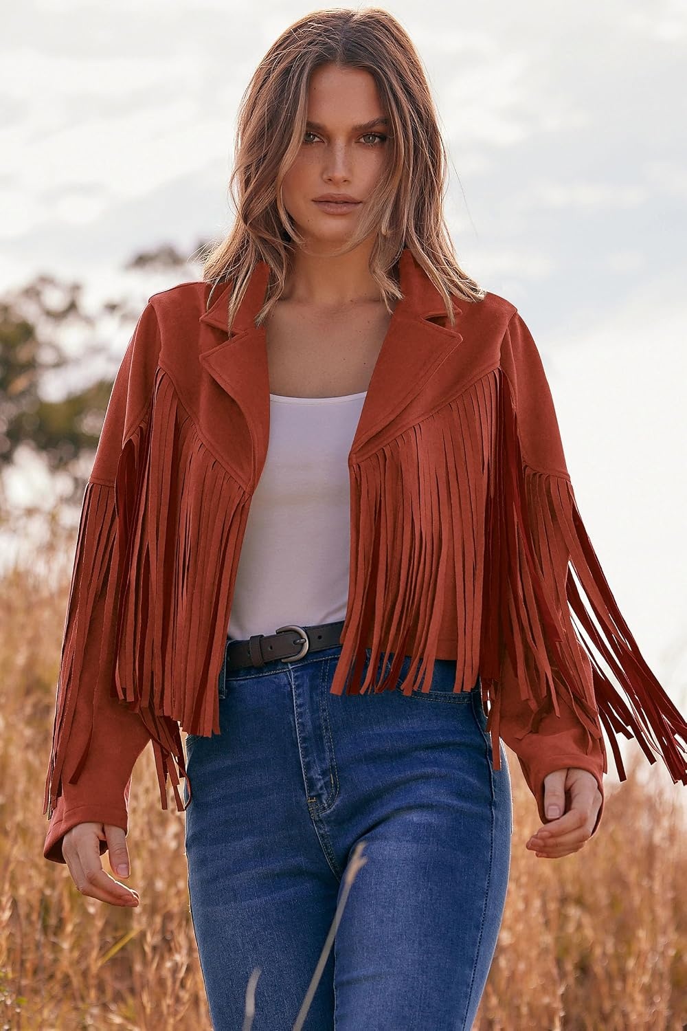 image:imagePRETTYGARDEN Womens Fringe Faux Suede Leather JacketsBrick Red