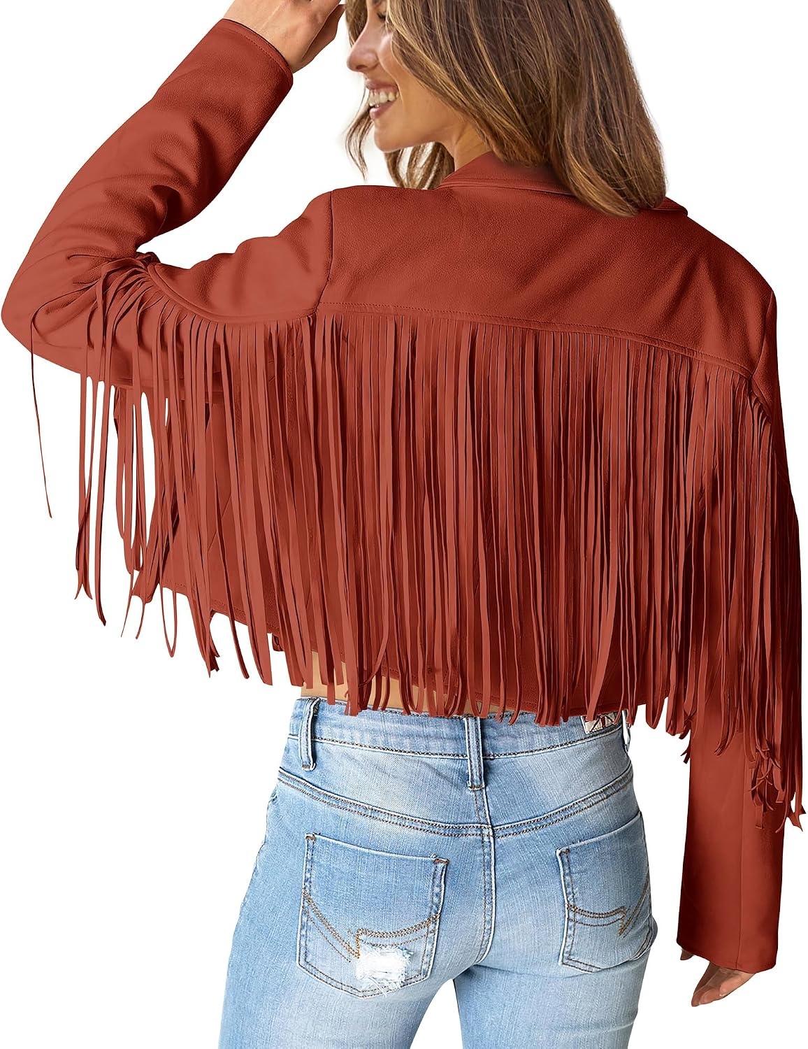 image:imagePRETTYGARDEN Womens Fringe Faux Suede Leather JacketsBrick Red