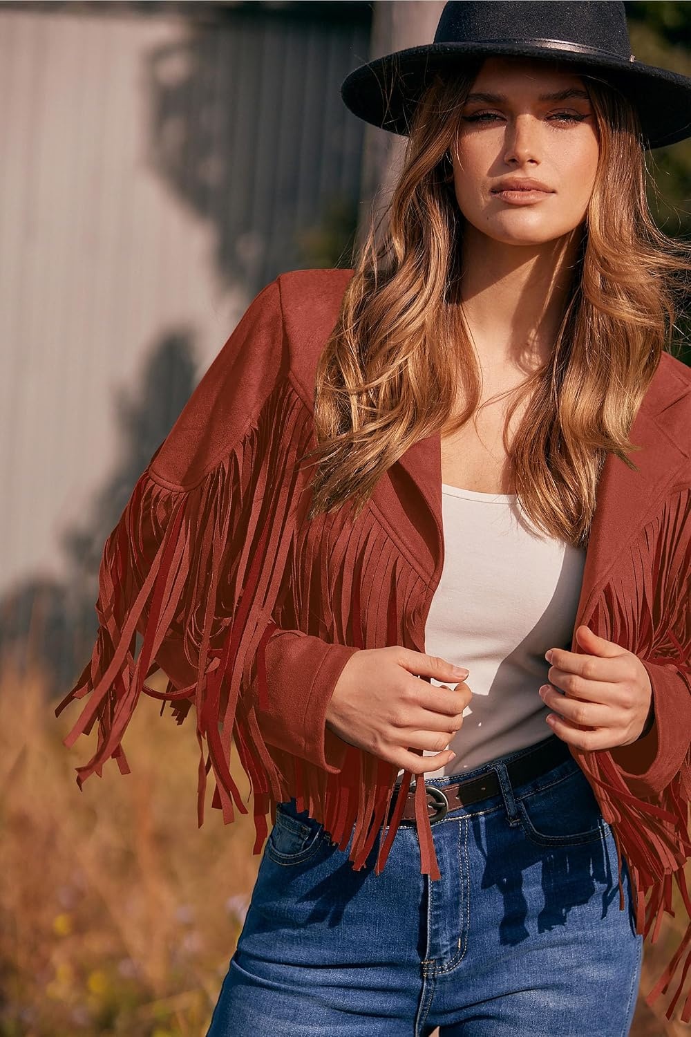 image:imagePRETTYGARDEN Womens Fringe Faux Suede Leather JacketsBrick Red