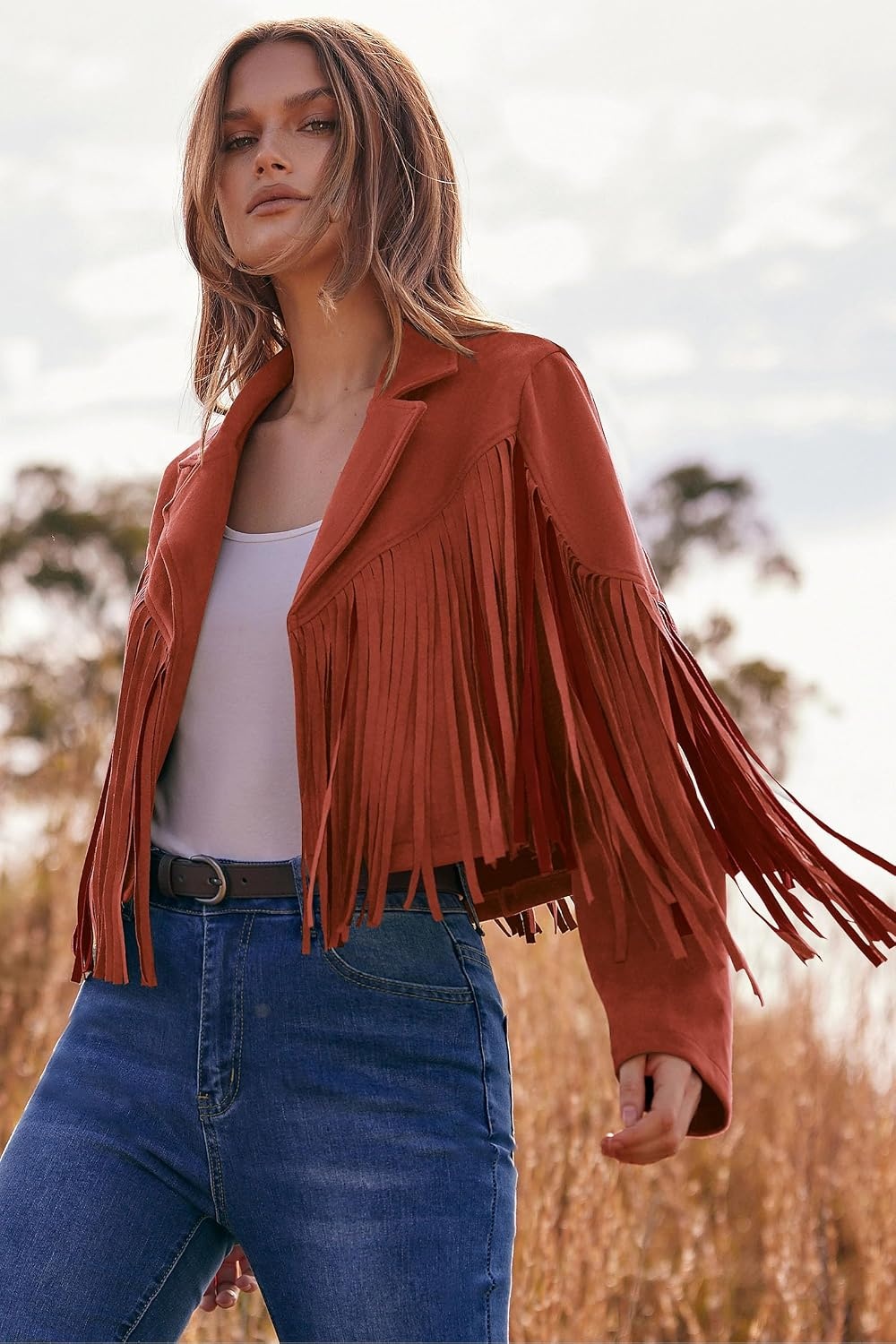 image:imagePRETTYGARDEN Womens Fringe Faux Suede Leather JacketsBrick Red