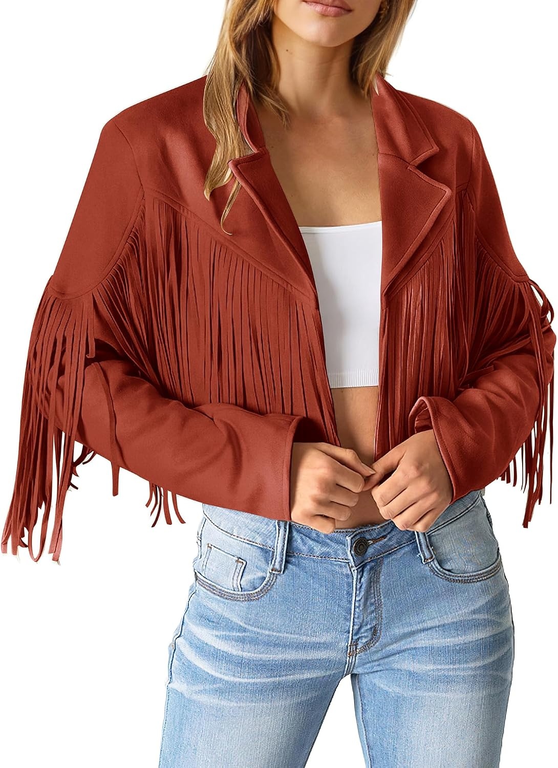 image:imagePRETTYGARDEN Womens Fringe Faux Suede Leather JacketsBrick Red