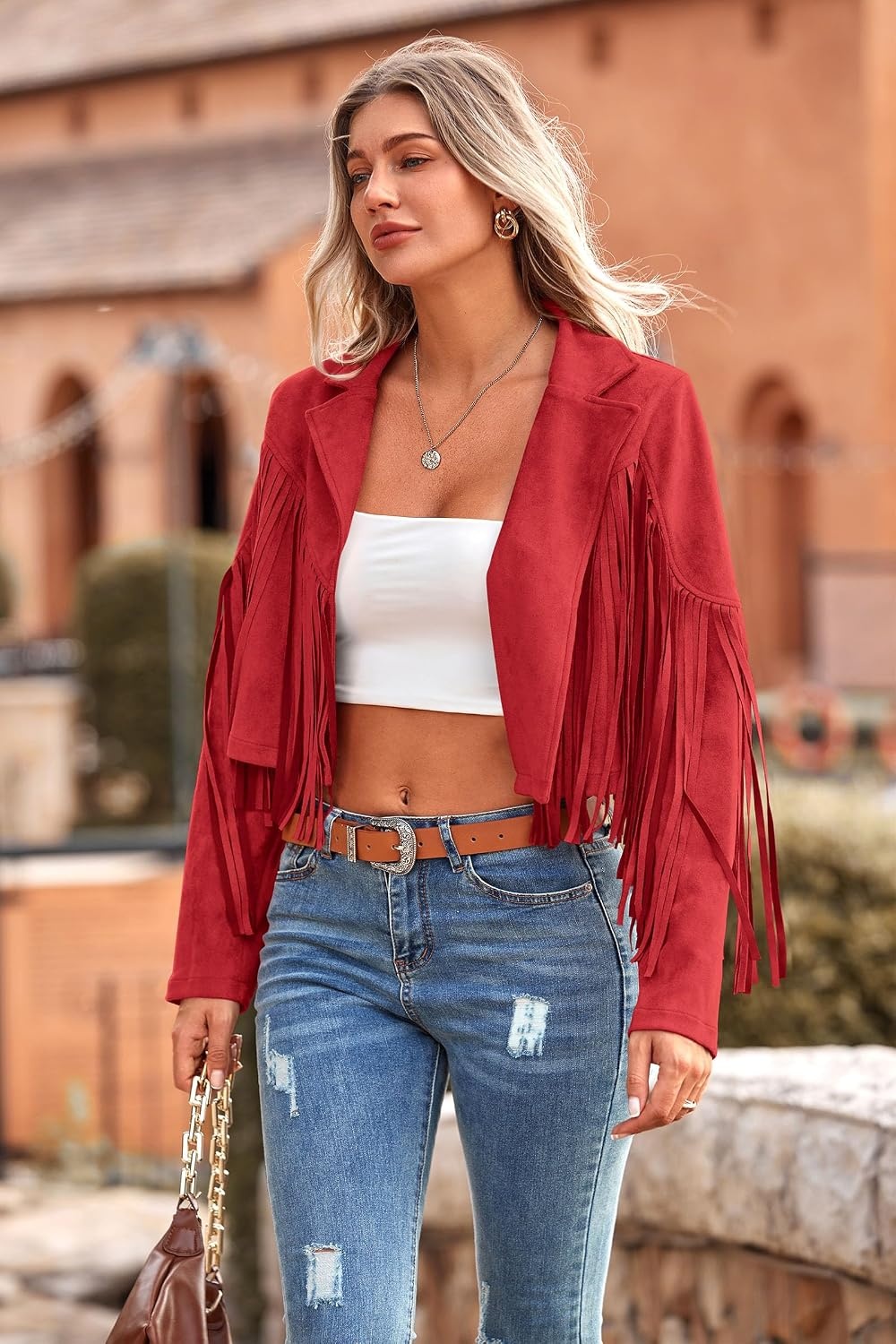 image:imagePRETTYGARDEN Womens Fringe Faux Suede Leather JacketsRed