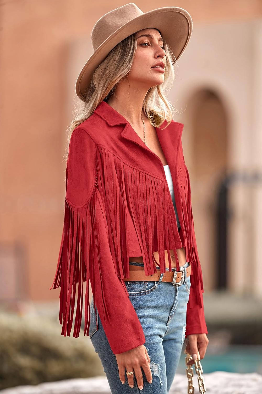 image:imagePRETTYGARDEN Womens Fringe Faux Suede Leather JacketsRed