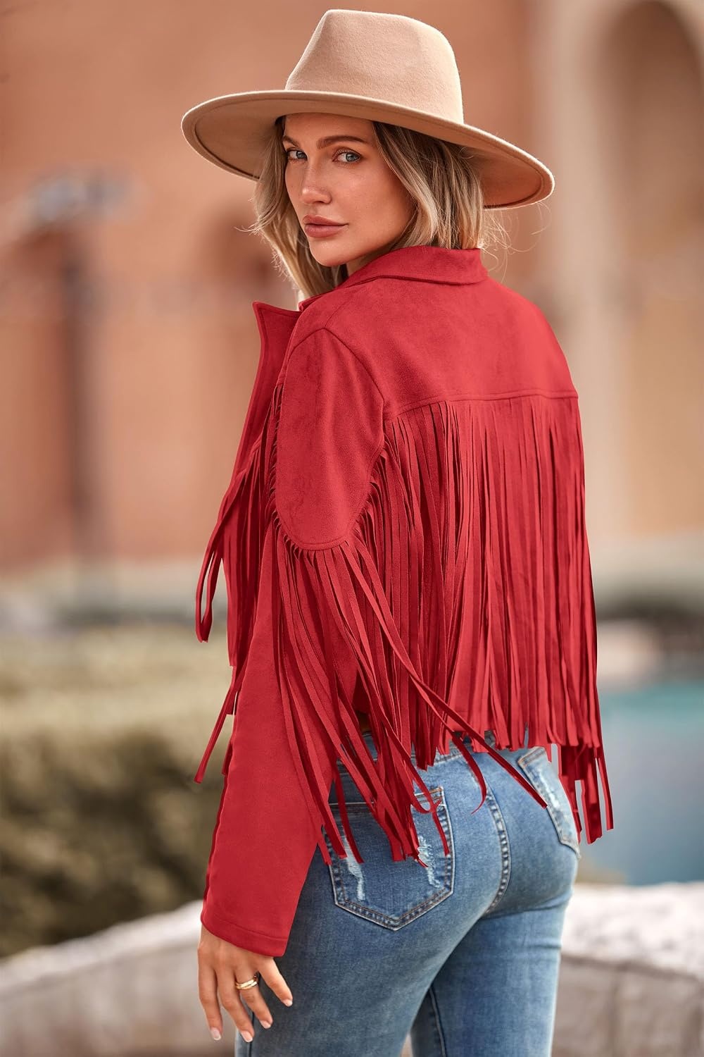 image:imagePRETTYGARDEN Womens Fringe Faux Suede Leather JacketsRed