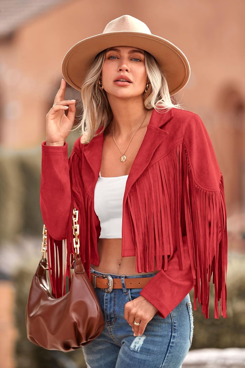 image:imagePRETTYGARDEN Womens Fringe Faux Suede Leather JacketsRed
