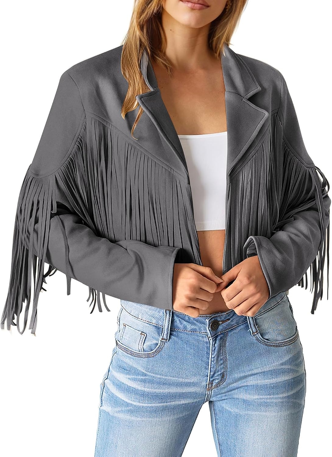 image:imagePRETTYGARDEN Womens Fringe Faux Suede Leather JacketsSilver Grey