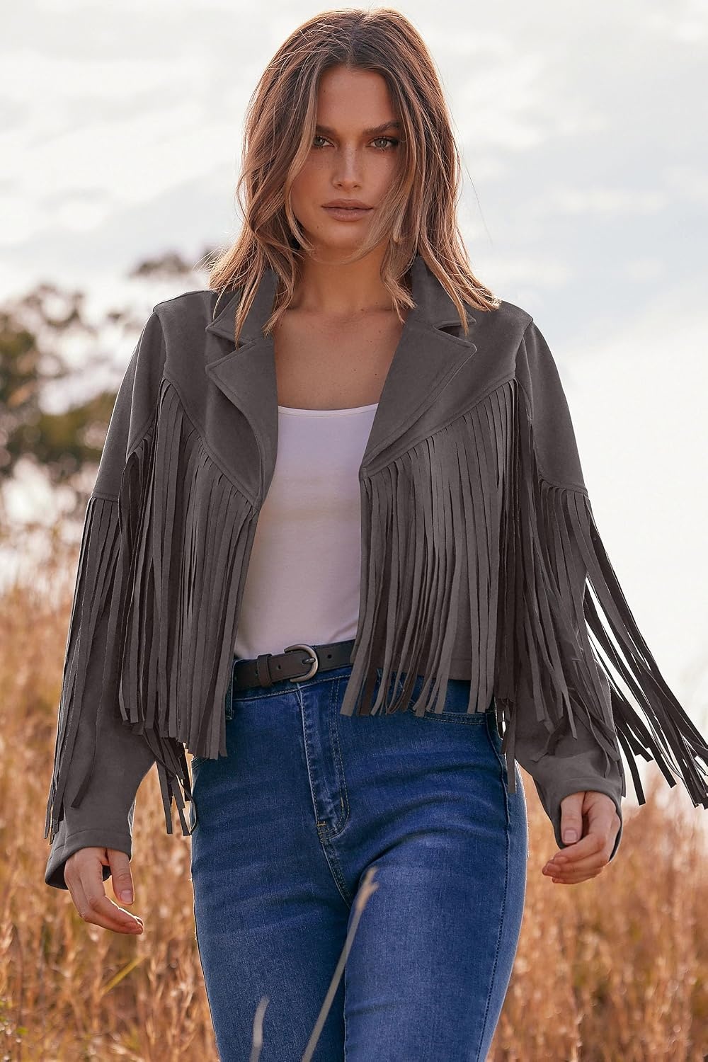 image:imagePRETTYGARDEN Womens Fringe Faux Suede Leather JacketsSilver Grey
