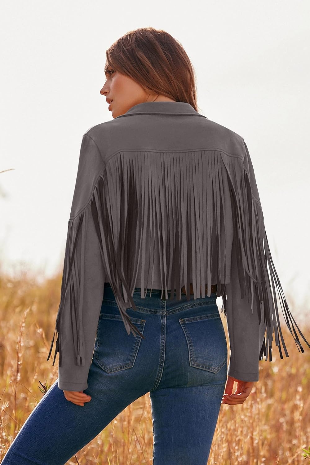 image:imagePRETTYGARDEN Womens Fringe Faux Suede Leather JacketsSilver Grey