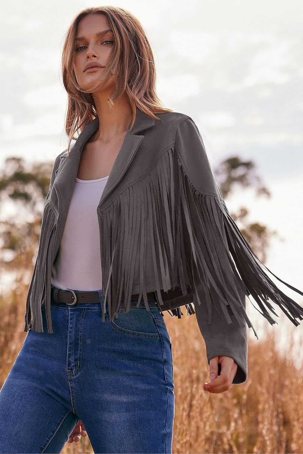 image:imagePRETTYGARDEN Womens Fringe Faux Suede Leather JacketsSilver Grey