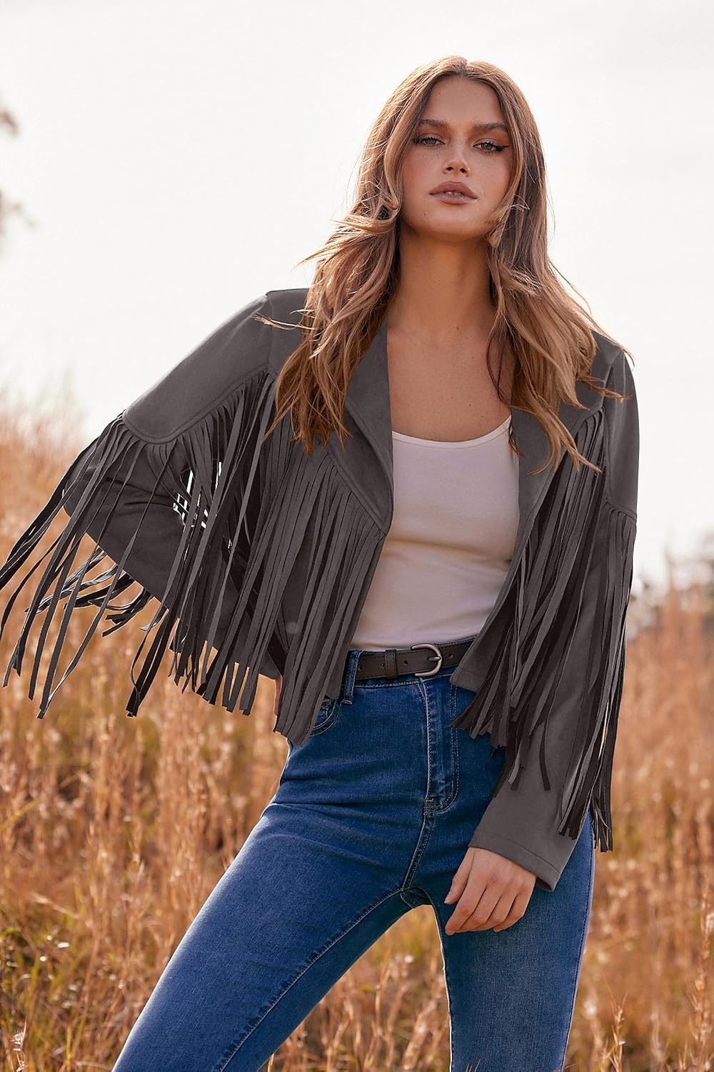image:imagePRETTYGARDEN Womens Fringe Faux Suede Leather JacketsSilver Grey